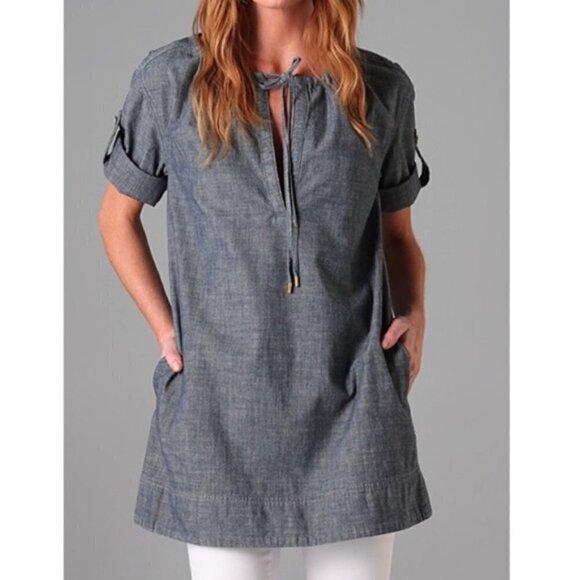 Tory Burch NWT Lyot Chambray Tunic Dress Roll Tab Sleeve Pockets Split V Neck - Picture 2 of 11
